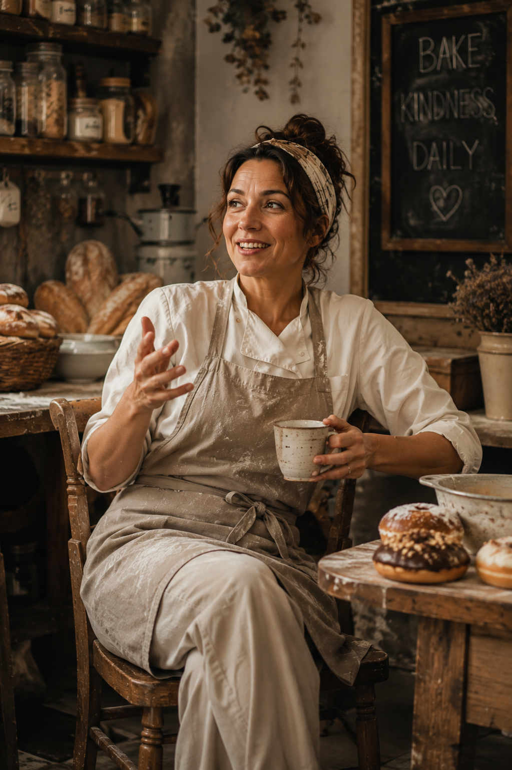 Scratch bakery founder seated in her bakehouse